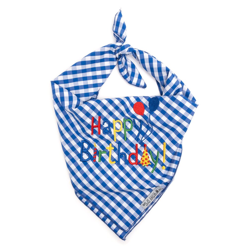 THE WORTHY DOG Classic Tie-Ir Dog Bandana Soft Cotton Flannel Square Pet Bandana, Happy Birthday Pattern, Blue, Large