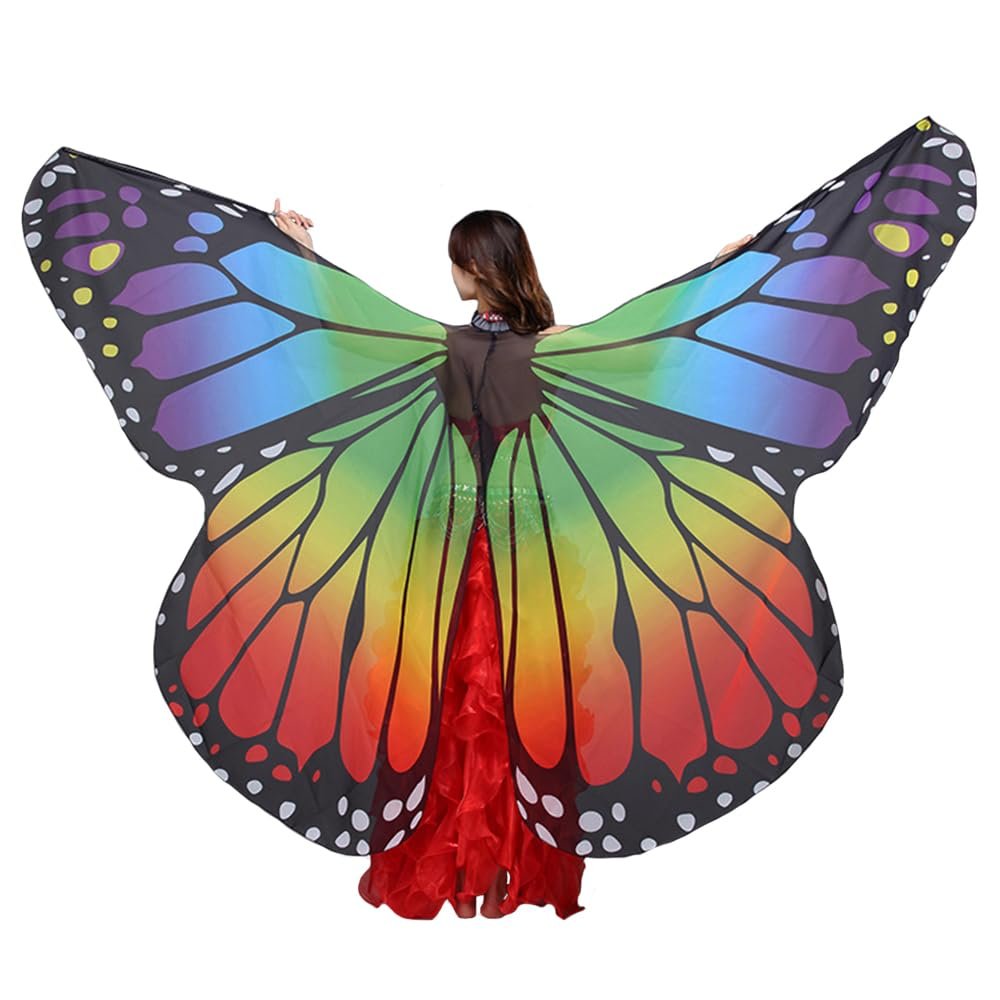 Nimiman Women's Butterfly Wings with Sticks Belly Dance Rainbow Wings Butterfly Costume Adult Halloween Christmas Accessories for Women (colorful)
