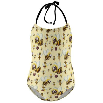 Bumble Bee Girl's One Piece Swimsuits Beach Sport Halter Bathing Suit Cute Print Swimwear 12-14Y170cm