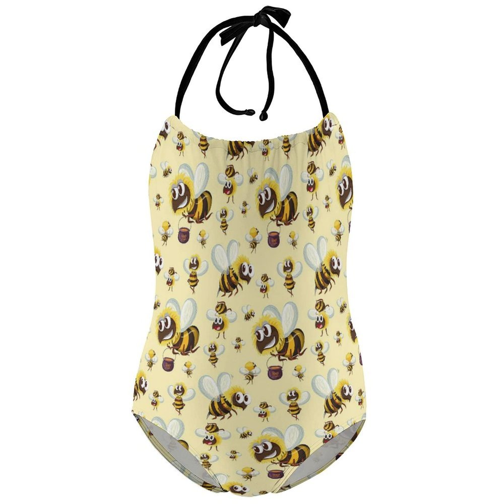 Bumble Bee Girl's One Piece Swimsuits Beach Sport Halter Bathing Suit Cute Print Swimwear 12-14Y170cm