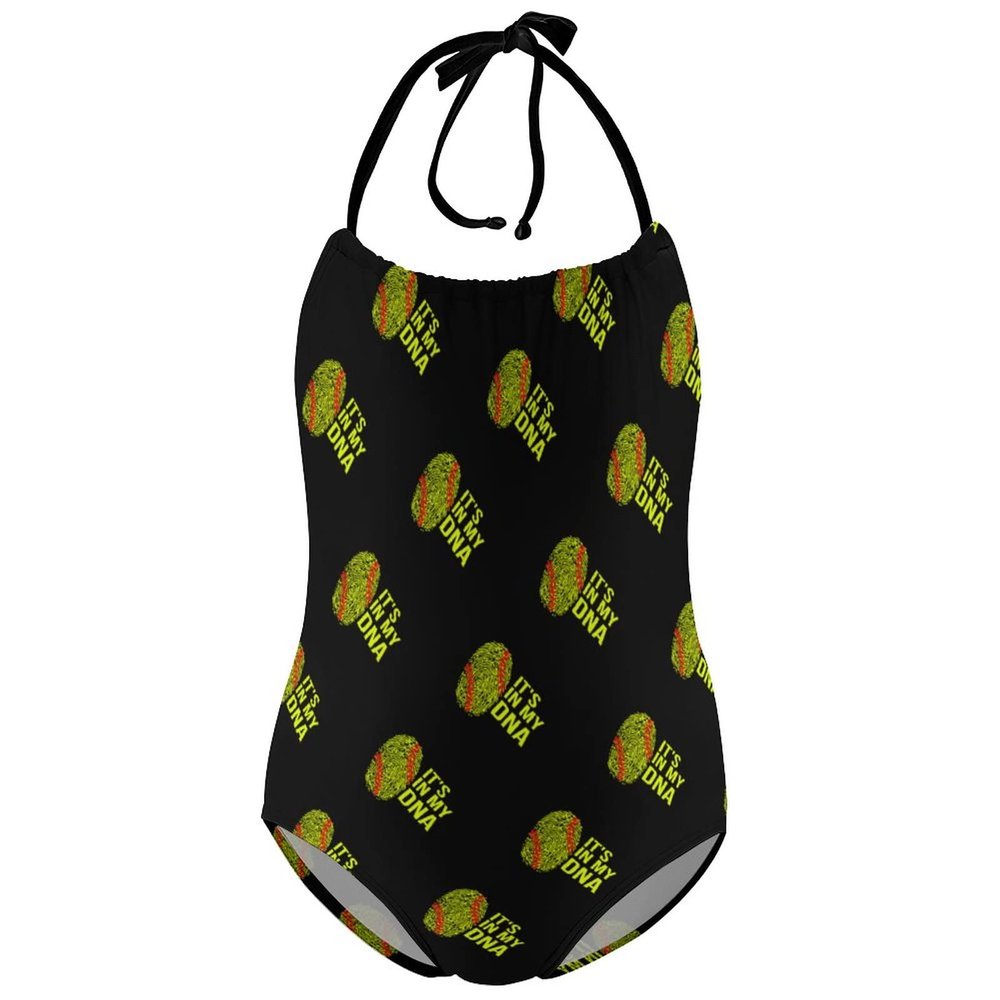 Softball is in My DNA Girl's One Piece Swimsuits Beach Sport Halter Bathing Suit Cute Print Swimwear 6-7Y110cm