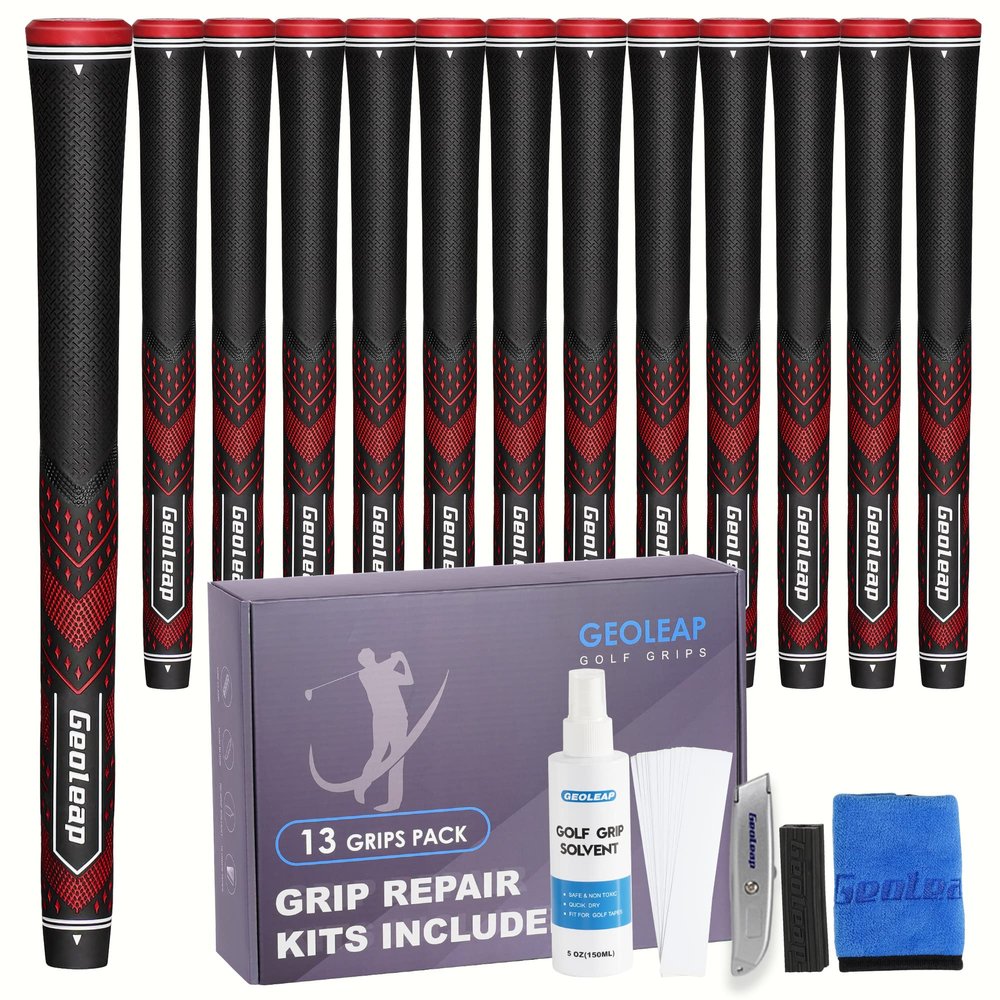 Geoleap Golf club Grip Set of 13- Soft Reduce Taper Design Provides High Traction and Performance,13 golf Grips with 15 Tapes or with All Repair Kits for Choice.(Standard, Black Red-Pro Kit(13 Grips with All Repair Kits))