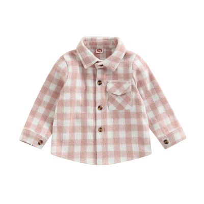 Toddler Baby Boys Girls Plaid Jacket Long Sleeve Lapel Button Down Pocketed Shirts Coats Shacket (Pink, 12-24 Months)