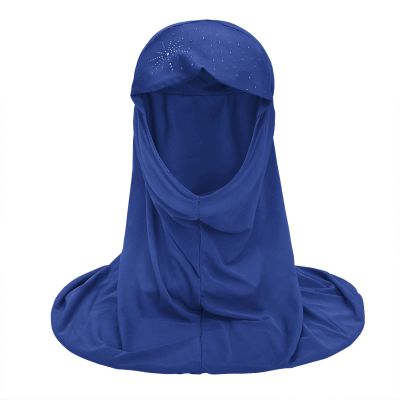 Ylucky Girls Muslim Hijab Floral Lace Head Scarf Kids Islamic Arab Scarf Shawls Head Wrap with Flowers (navy blue (with rhinestone))