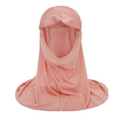 Ylucky Girls Muslim Hijab Floral Lace Head Scarf Kids Islamic Arab Scarf Shawls Head Wrap with Flowers (pink (with rhinestone))