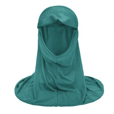 Ylucky Girls Muslim Hijab Floral Lace Head Scarf Kids Islamic Arab Scarf Shawls Head Wrap with Flowers (blue-green (with rhinestone))