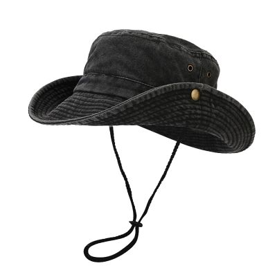 Unisex Washed Denim Distressed Classic Bucket Hat Boonie Hat Wide Brim Sun Hat UV Protection Adjustable Chin Strap Fishing Hat Foldable Breathable Outdoor Hiking Black One Size