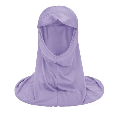 Ylucky Girls Muslim Hijab Floral Lace Head Scarf Kids Islamic Arab Scarf Shawls Head Wrap with Flowers (purple (with rhinestone))