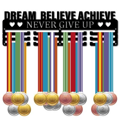 CREATCABIN Medal Holder Display Hanger Rack Sports Dream Believe Achieve Never Give Up Metal Iron Wall Mount for Race Runner Players Gymnastics Swimming Running Over 60 Medals Black 15.7 x 4.7 Inch