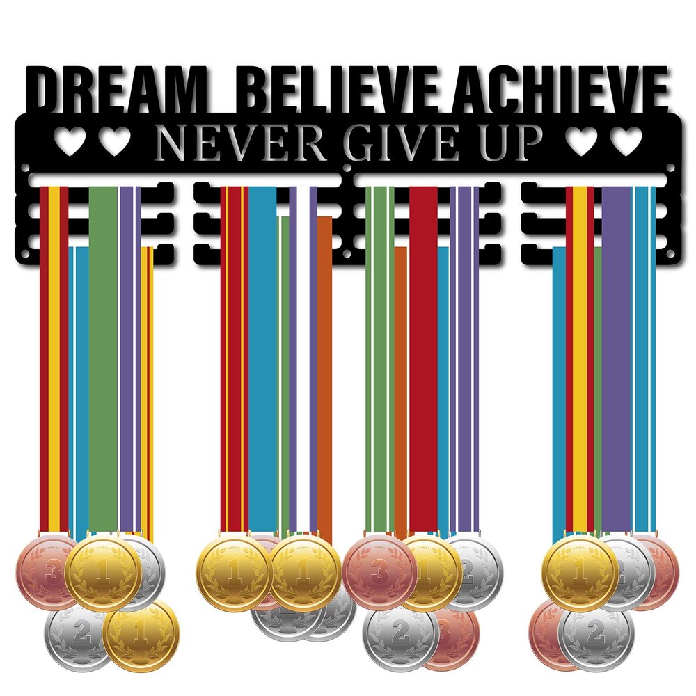 CREATCABIN Medal Holder Display Hanger Rack Sports Dream Believe Achieve Never Give Up Metal Iron Wall Mount for Race Runner Players Gymnastics Swimming Running Over 60 Medals Black 15.7 x 4.7 Inch