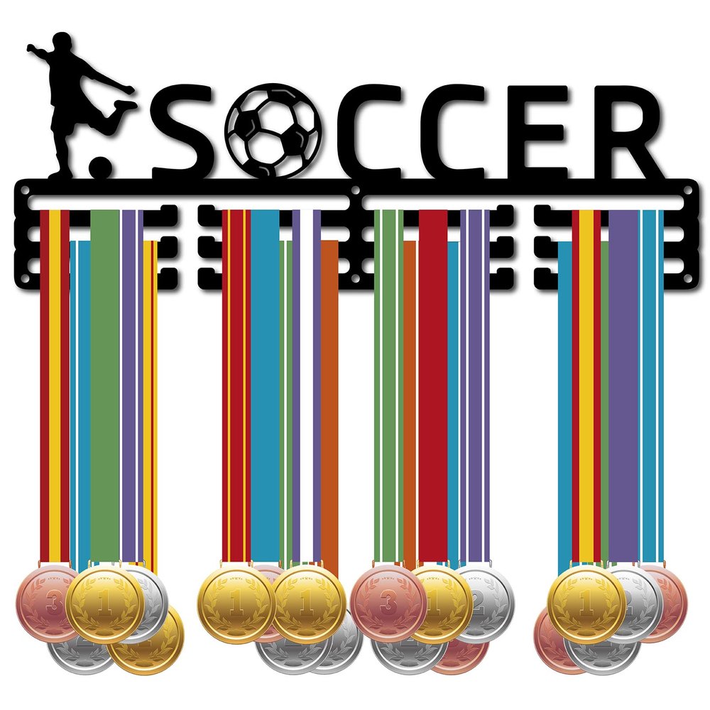 CREATCABIN Soccer Medal Hanger Display Medal Holder Sport Rack Award Metal Lanyard Holder Sturdy Wall Mounted Swimmer Runner Athletes Players Gymnastics Gift Over 60 Medals 15.7 x 5.9 Inch