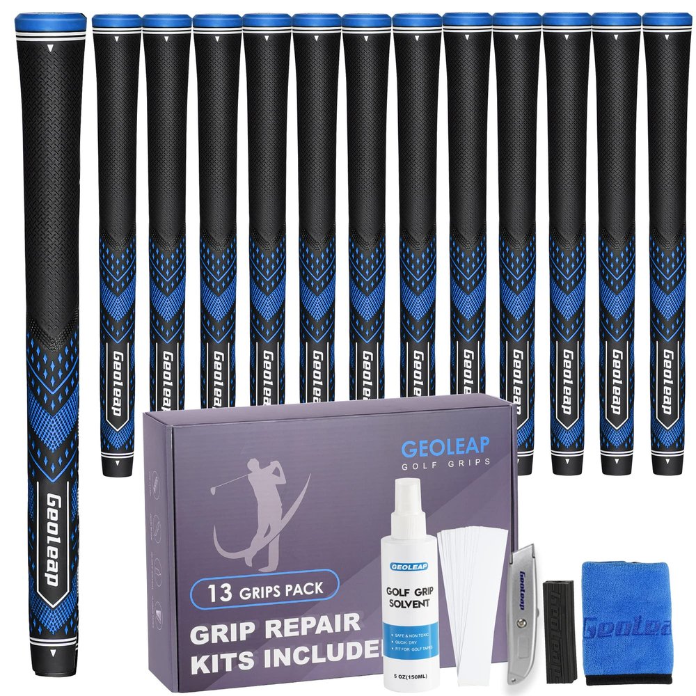 Geoleap Golf club Grip Set of 13- Soft Reduce Taper Design Provides High Traction and Performance,13 golf Grips with 15 Tapes or with All Repair Kits for Choice. (Standard, Black Blue-Pro Kit(13 Grips with All Repair Kits))
