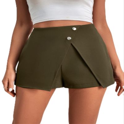 LEWGEL Women's Shorts Button Front Asymmetrical Hem Skort Shorts Women (Color : Army Green, Size : Large)