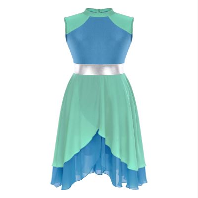 FEESHOW Women's Asymmetrical Praise Dance Tunic Sleeveless Color Block Liturgical Worship Dance Dress 6977#Green&Blue Large
