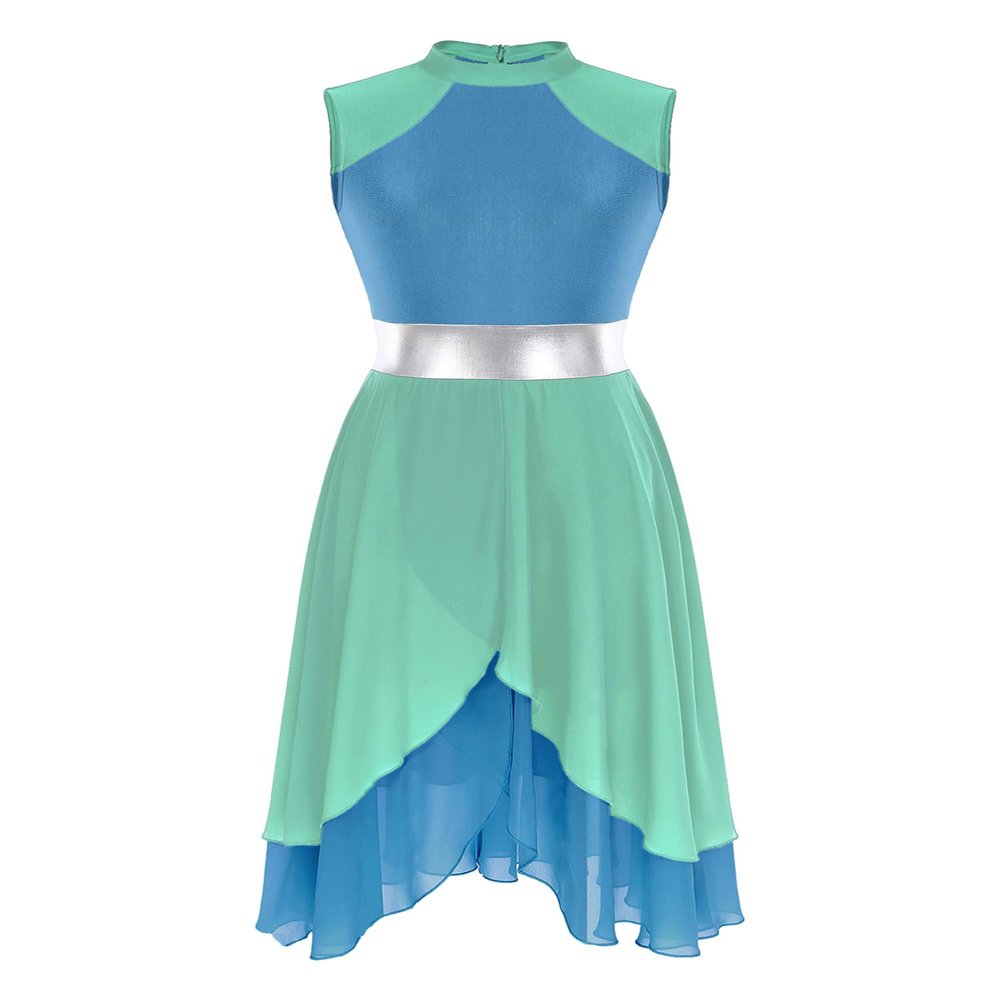 FEESHOW Women's Asymmetrical Praise Dance Tunic Sleeveless Color Block Liturgical Worship Dance Dress 6977#Green&Blue Large