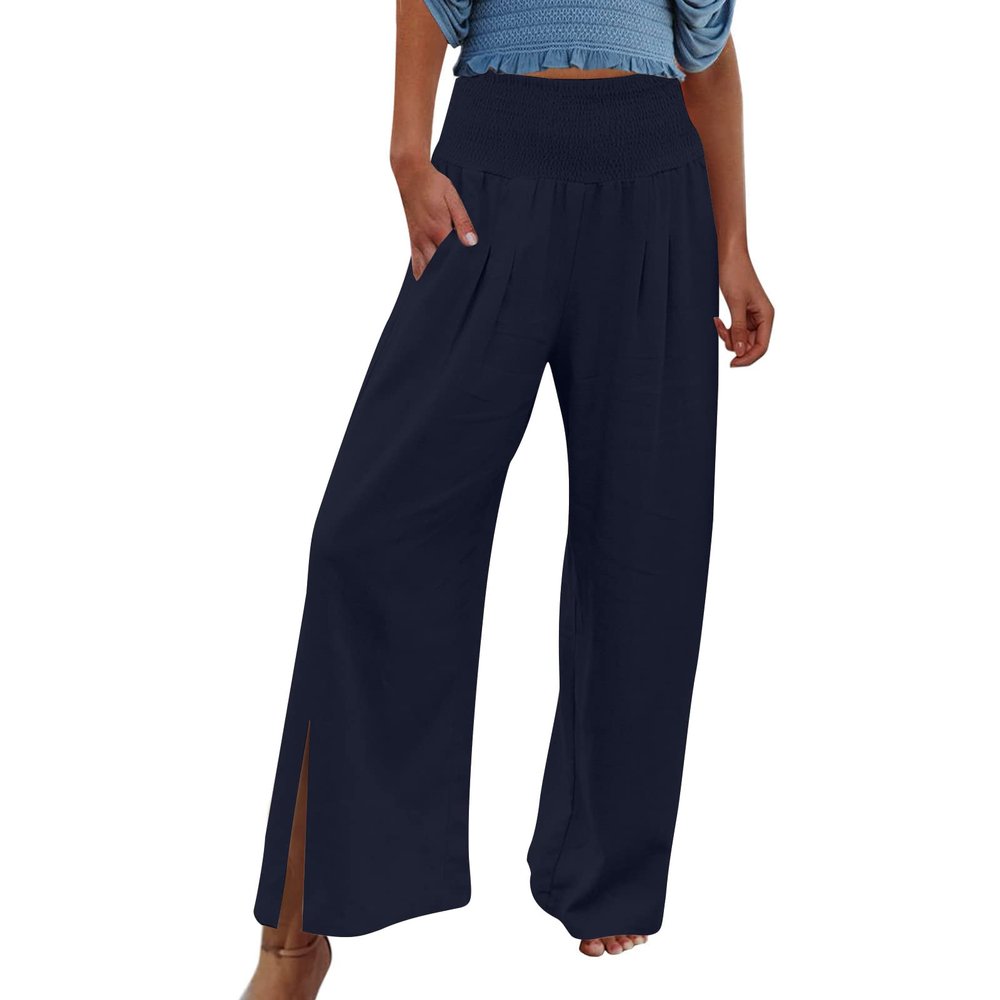 XUNRYAN Women's Cotton Linen Wide Leg Pants Summer Casual High Waisted Boho Palazzo Pants Baggy Lounge Trousers w Pockets