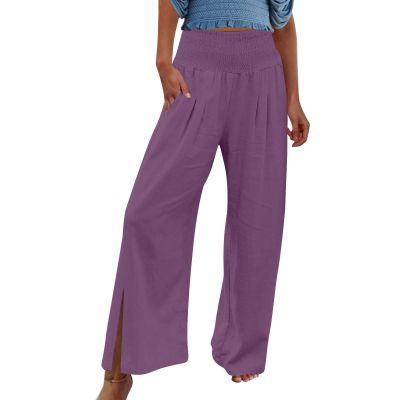 XUNRYAN Women's Cotton Linen Wide Leg Pants Summer Casual High Waisted Boho Palazzo Pants Baggy Lounge Trousers w Pockets