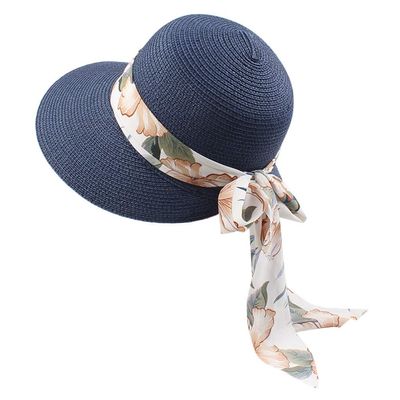Womens Wide Brim Straw Bucket Hat Summer Foldable Roll Up Sun Hats Beach Vacation Travel Fisherman Cap (Navy, One Size)