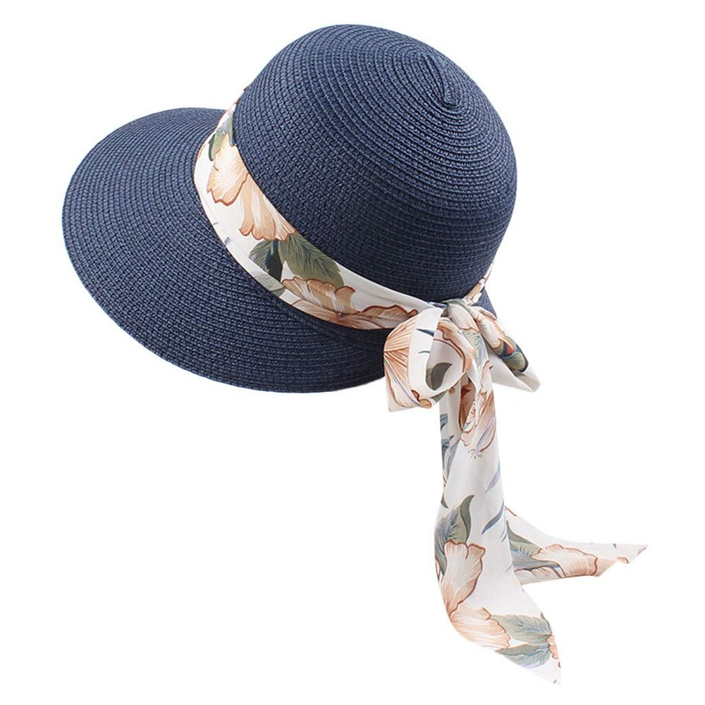 Womens Wide Brim Straw Bucket Hat Summer Foldable Roll Up Sun Hats Beach Vacation Travel Fisherman Cap (Navy, One Size)