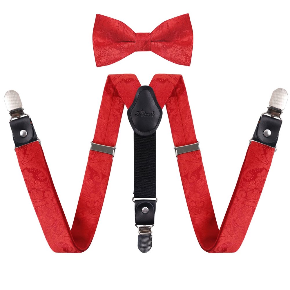 Alizeal Boys Adjustable Floral Paisley Pre-tied Bow Tie and Elastic Y Shape 3 Clips Suspenders Set, Red