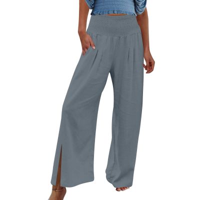XUNRYAN Women's Cotton Linen Wide Leg Pants Summer Casual High Waisted Boho Palazzo Pants Baggy Lounge Trousers w Pockets