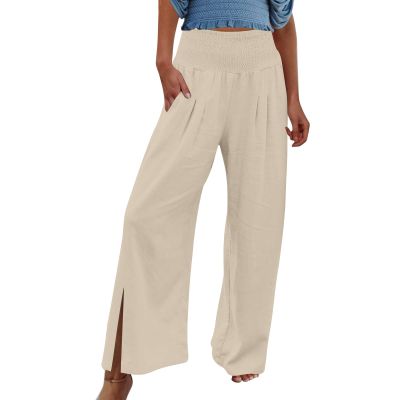 XUNRYAN Women's Cotton Linen Wide Leg Pants Summer Casual High Waisted Boho Palazzo Pants Baggy Lounge Trousers w Pockets