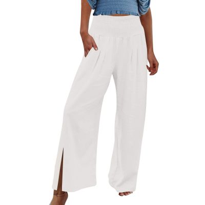 XUNRYAN Women's Cotton Linen Wide Leg Pants Summer Casual High Waisted Boho Palazzo Pants Baggy Lounge Trousers w Pockets