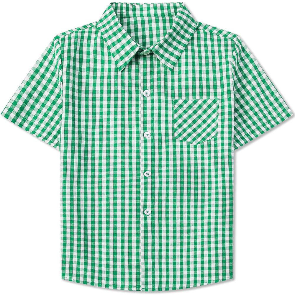 SANGTREE Kids Boys Short Sleeve Plaid Shirt Summer Button Down Shirts for Boy, Gingham Green, 7-8 Years