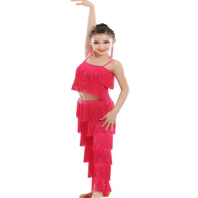 Girls Latin Dance Set Ballroom Plus Size Fringe Tassel Pants and top Solid Fringe Salsa Samba Competition Costume,Pink,M