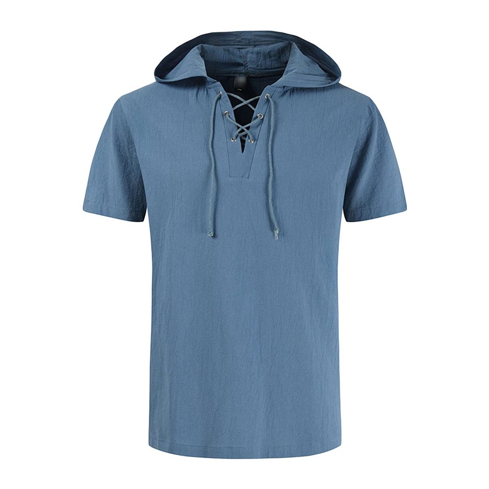 JEsilunmaMY Men's Short Sleeve Lace Up Hoodies Solid Color Cotton Linen Hooded Hippie Shirt Summer Beach Drawstring T-Shirt (US Size XS Asia S,Blue)
