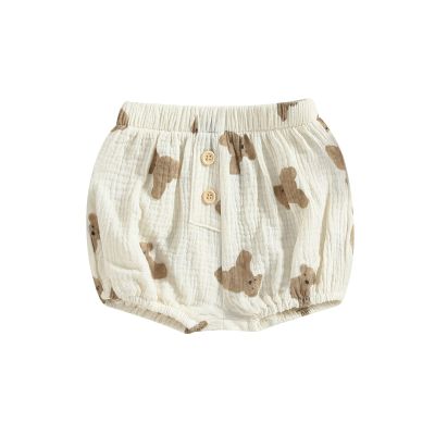 Baby Girl Linen Shorts Cute Flower/Bear/Heart/Dot Print Short Pants One Piece Buttons Bloomers Short Summer Clothes (Bear, 18-24 Months)