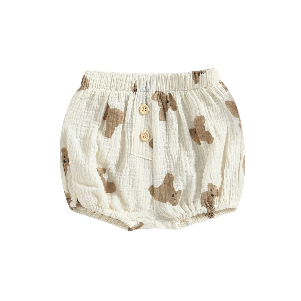 Baby Girl Linen Shorts Cute Flower/Bear/Heart/Dot Print Short Pants One Piece Buttons Bloomers Short Summer Clothes (Bear, 18-24 Months)