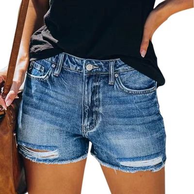 FRODQYX Women's Denim Shorts Mid-Layer Ripped Denim Shorts Stretchy hot Short Jeans Street Hipster Shorts (as1, Alpha, s, Regular, Regular, Blue 02)