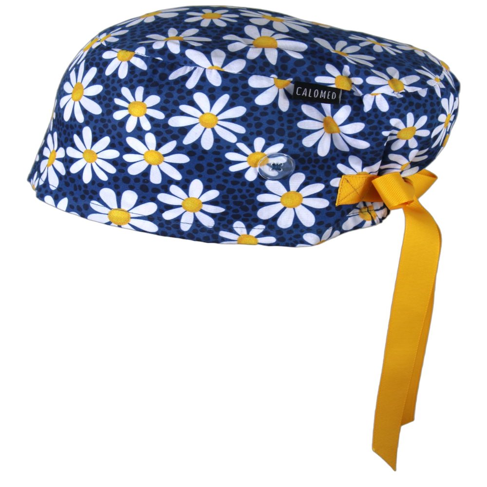 CALOMED Scrub Cap for Women and Men, Euro Style Scrub Caps, Working Hat, Head Cover with Ribbon Ties and Buttons, Long or Short Hair (Daisies on Navy Blue)