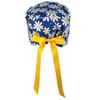 CALOMED Scrub Cap for Women and Men, Euro Style Scrub Caps, Working Hat, Head Cover with Ribbon Ties and Buttons, Long or Short Hair (Daisies on Navy Blue) view 3