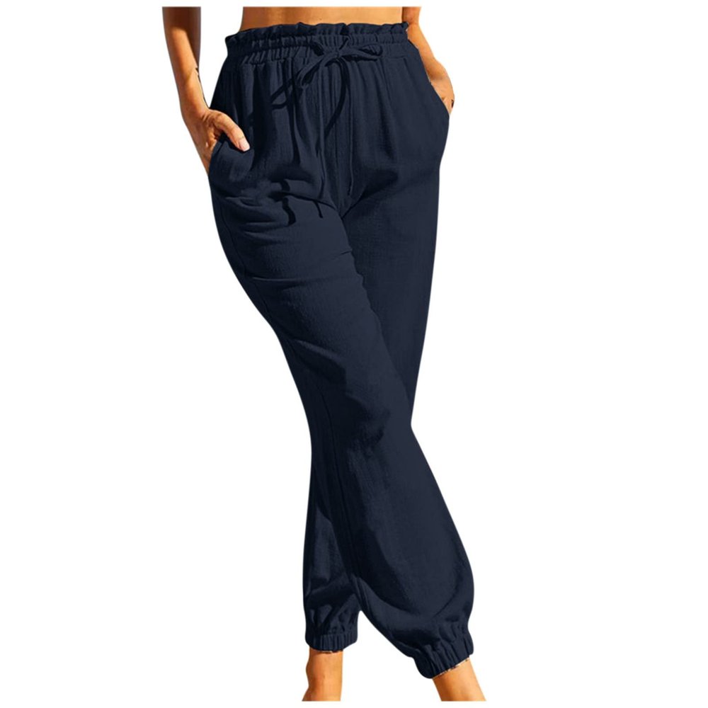 CHGBMOK Women's Cotton Linen Pants Elastic Drawstring Waist Harem Pants with Pockets Casual Solid Color Light Weight Trousers