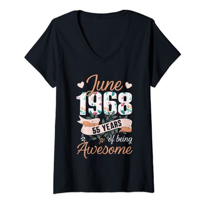 Womens June 1968 55th Birthday Shirt 55 Years Old V-Neck T-Shirt