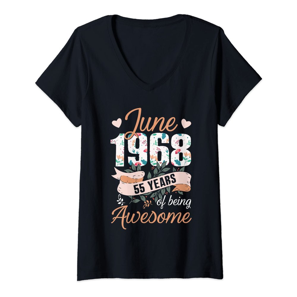 Womens June 1968 55th Birthday Shirt 55 Years Old V-Neck T-Shirt