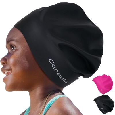 2 Pack Kids Swim Cap for Long Hair, Large Silicone Waterproof Swimming Cap for Age 3-15 Kids Girls Boys Toddler Children Youth Teen, Swim Hat for Braids and Dreadlocks, Keep Hair Dry
