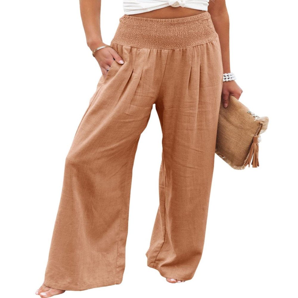 Canbebig Women's Cotton Linen Pants Elastic High Waist Loose Wide Leg Lounge Yoga Pants Tunic Waist Trousers with Pockets Coffee