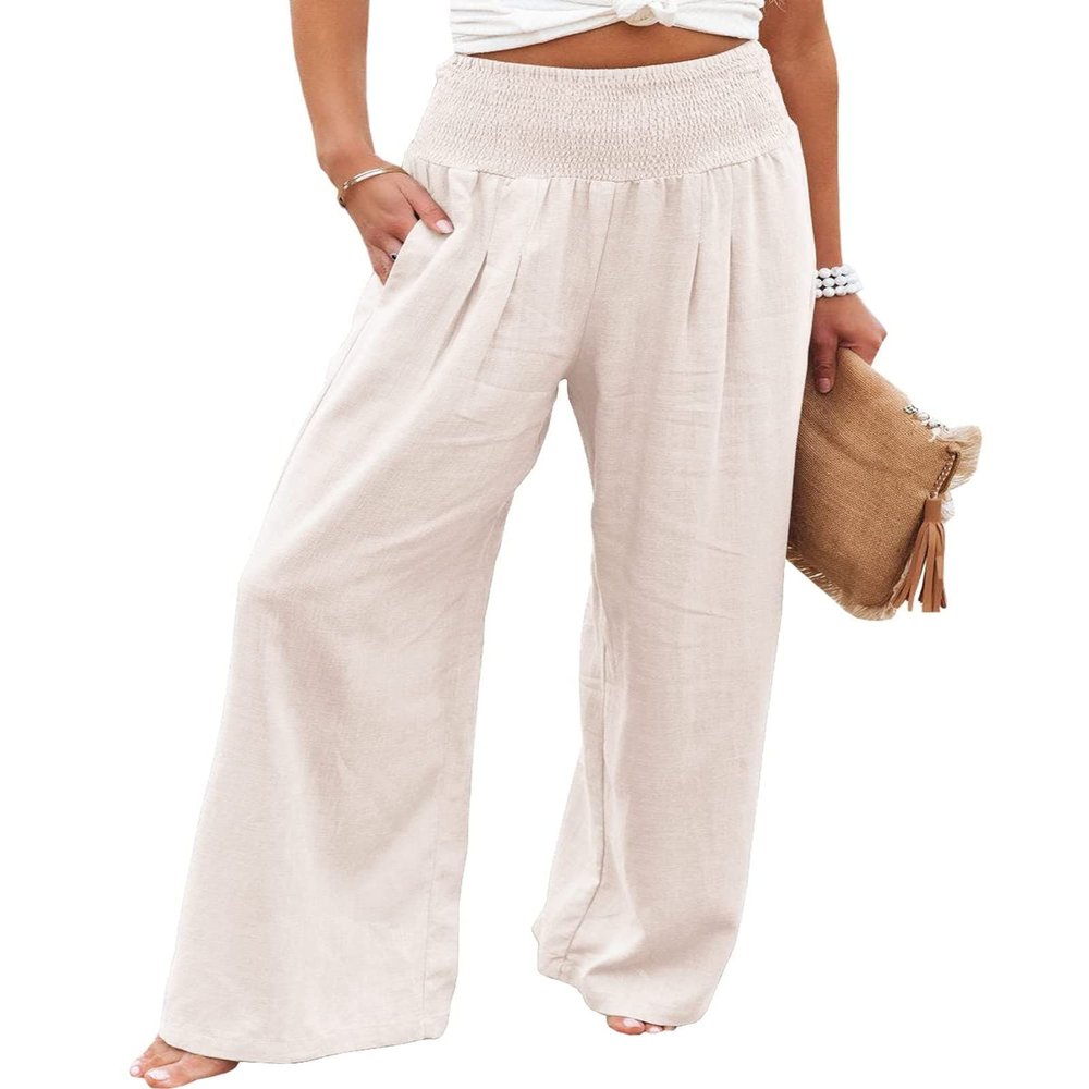 Canbebig Women's Cotton Linen Pants Elastic High Waist Loose Wide Leg Lounge Yoga Pants Tunic Waist Trousers with Pockets White