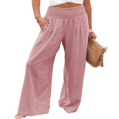Canbebig Women's Cotton Linen Pants Elastic High Waist Loose Wide Leg Lounge Yoga Pants Tunic Waist Trousers with Pockets Pink