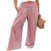 Canbebig Women's Cotton Linen Pants Elastic High Waist Loose Wide Leg Lounge Yoga Pants Tunic Waist Trousers with Pockets Pink view 1