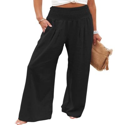 Canbebig Women's Cotton Linen Pants Elastic High Waist Loose Wide Leg Lounge Yoga Pants Tunic Waist Trousers with Pockets Black