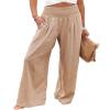 Canbebig Women's Cotton Linen Pants Elastic High Waist Loose Wide Leg Lounge Yoga Pants Tunic Waist Trousers with Pockets Khaki view 1