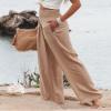 Canbebig Women's Cotton Linen Pants Elastic High Waist Loose Wide Leg Lounge Yoga Pants Tunic Waist Trousers with Pockets Khaki view 4