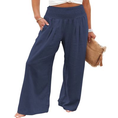 Canbebig Women's Cotton Linen Pants Elastic High Waist Loose Wide Leg Lounge Yoga Pants Tunic Waist Trousers with Pockets Navy