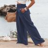 Canbebig Women's Cotton Linen Pants Elastic High Waist Loose Wide Leg Lounge Yoga Pants Tunic Waist Trousers with Pockets Navy view 2