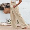 Canbebig Women's Cotton Linen Pants Elastic High Waist Loose Wide Leg Lounge Yoga Pants Tunic Waist Trousers with Pockets Beige view 3