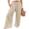 Canbebig Women's Cotton Linen Pants Elastic High Waist Loose Wide Leg Lounge Yoga Pants Tunic Waist Trousers with Pockets Beige view 1